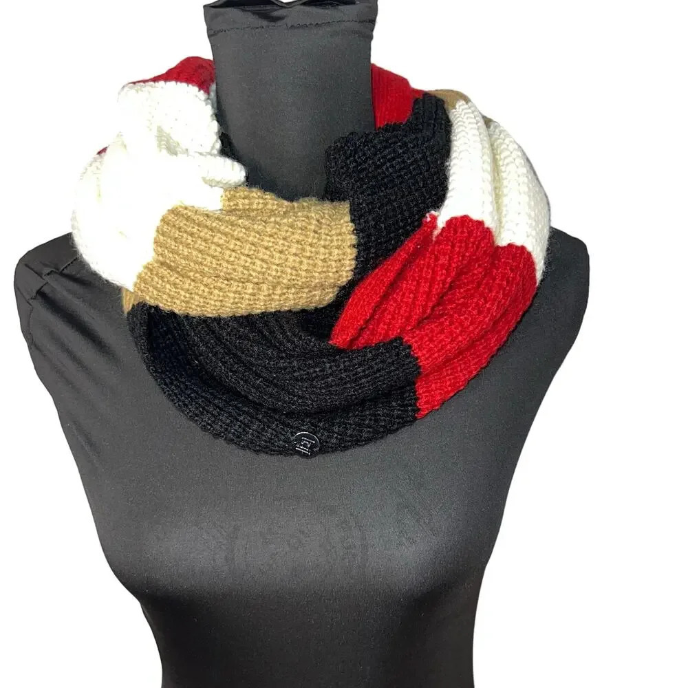 Liz‎ Claiborne crochet knit burgundy cream olive navy block eternity scarf logo
